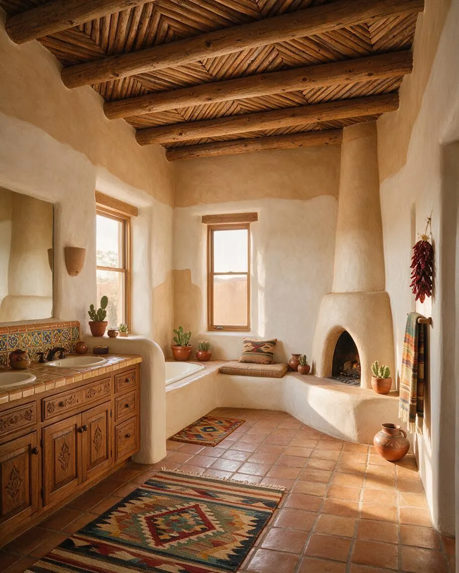 A Southwestern-style master bathroom with thick adobe walls, a rustic wood beam ceiling, terracotta tile floors, and a carved wood vanity with a colorful tiled backsplash. The room includes a built-in soaking tub, a kiva-style fireplace, woven rugs, and pottery accents, all lit by warm natural daylight from tall windows.