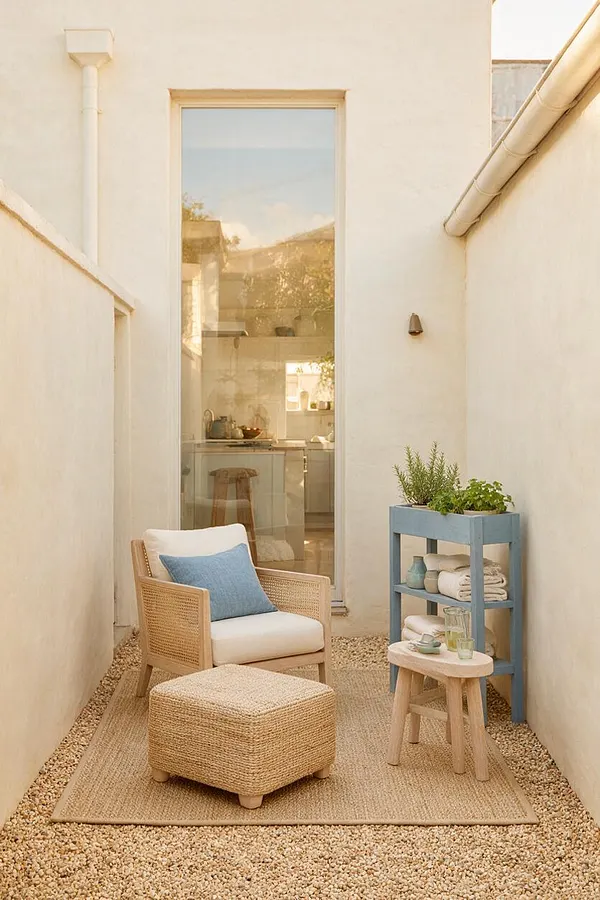 A narrow coastal-style backyard courtyard with white stucco walls, a tall glass door, and soft natural light. The space includes a woven armchair with white and blue cushions, a matching ottoman, a jute rug, and a blue shelf with folded towels and potted herbs.