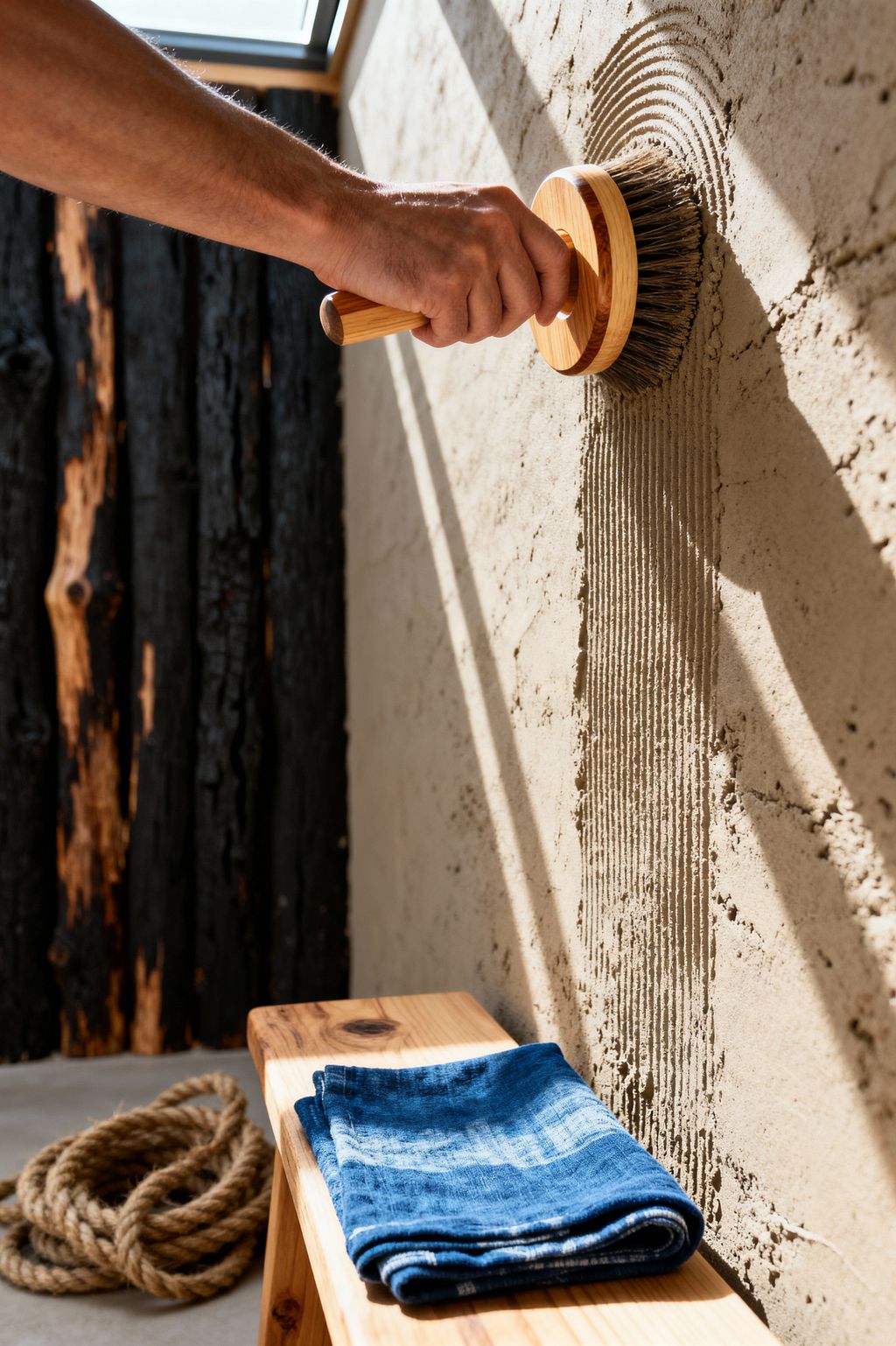 Close-up of a minimalist home gym with Japanese Zen details: a hand uses a round bamboo-handled bristle brush to rake curved grooves into a warm sand-colored clay plaster wall. Sunlight from a roof skylight throws long shadows across the textured surface. To the side, vertical planks of charred cedar form a dark backdrop. In the foreground, a simple cedar bench holds a folded indigo towel, with a coiled natural fiber rope resting on a smooth gray concrete floor.