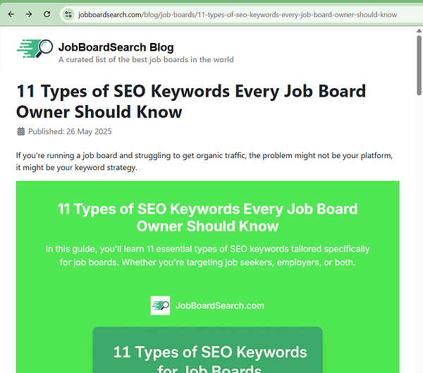 The image displays a blog post titled '11 Types of SEO Keywords Every Job Board Owner Should Know' from JobBoardSearch.
