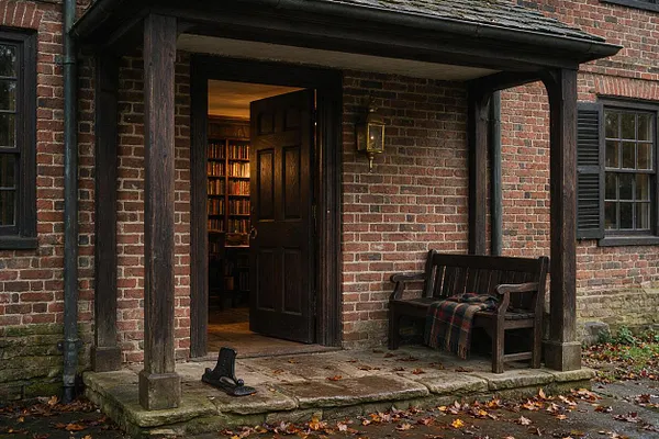 A dark academia exterior shows a weathered red brick entrance with a deep wooden porch, heavy timber posts, and a dark painted front door left open to reveal glowing bookshelves inside. A simple wooden bench with a plaid throw sits beside the doorway, adding to the scholarly, old-world atmosphere.