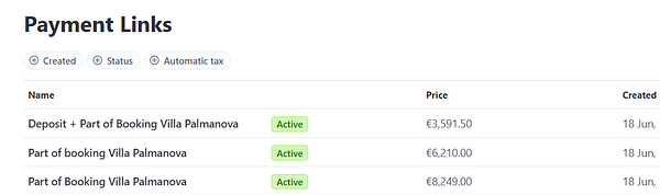 A table displaying payment links for villa bookings on Stripe.