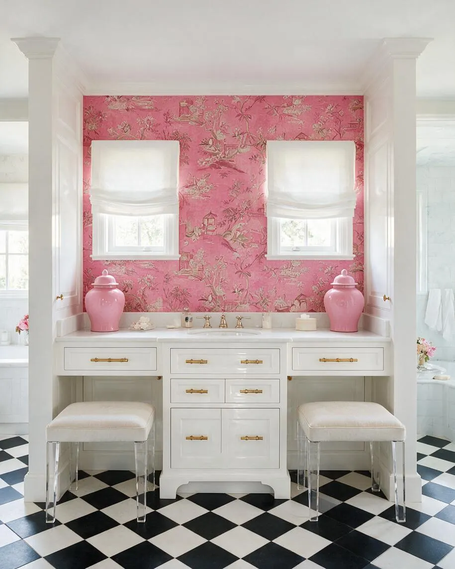 A glamorous master bathroom vanity area with pink chinoiserie wallpaper, two small windows with white Roman shades, and a white built-in double vanity. The vanity has gold hardware, two pink ceramic ginger jars, cream upholstered stools, and a black-and-white checkerboard floor, creating a bright Hollywood Regency look.