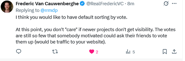 A Twitter conversation discussing the suggestion to set default sorting by votes for a project.