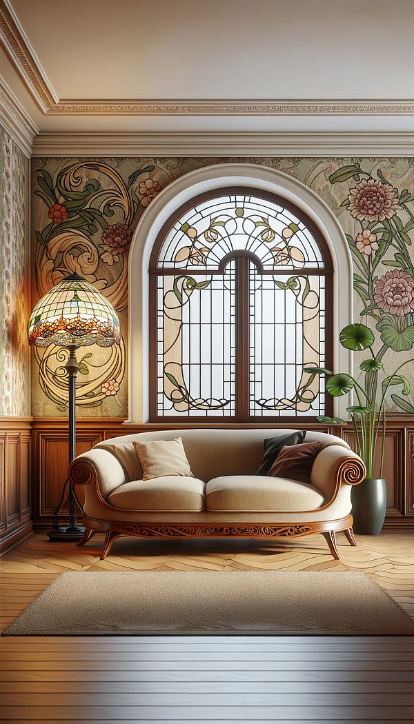 A cozy living room featuring Art Nouveau inspired furniture, with flowing wooden curves and elaborate floral patterns on the wallpaper in the background. A Tiffany lamp provides warm lighting.
