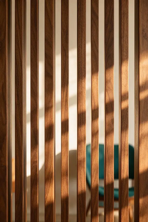 Vertical walnut wood slats fill the foreground, creating a warm screen with strong light and shadow. Through the gaps, a teal upholstered chair and a pale wall are partially visible, suggesting a cozy Mid-Century Modern interior.