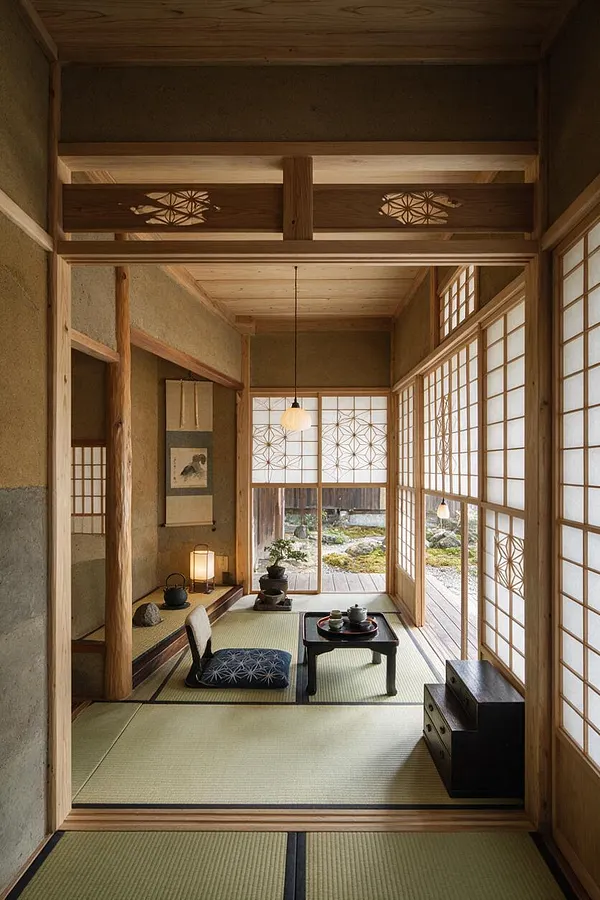 A tranquil Japanese-style sunroom with tatami mats, wooden beams, and shoji screens filtering soft daylight. Low furniture, a floor cushion, tea set, hanging pendant lights, and a small garden view create a calm Zen atmosphere.