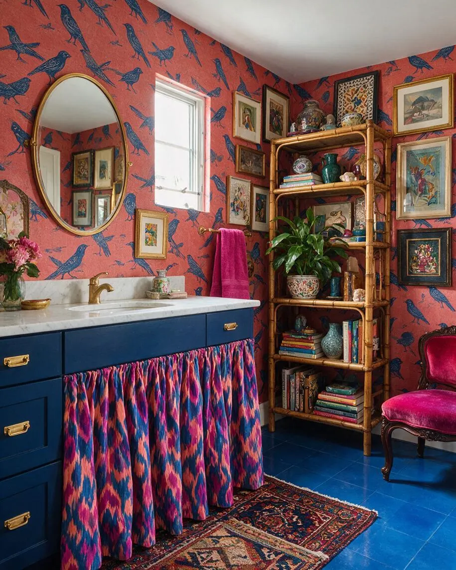 A maximalist master bathroom with coral bird-print wallpaper, a blue vanity with a marble countertop, and a round gold-framed mirror. The room features bright blue floors, a bamboo shelving unit filled with books and decorative objects, framed artwork on the walls, a pink velvet chair, and layered rugs for a rich, eclectic look.