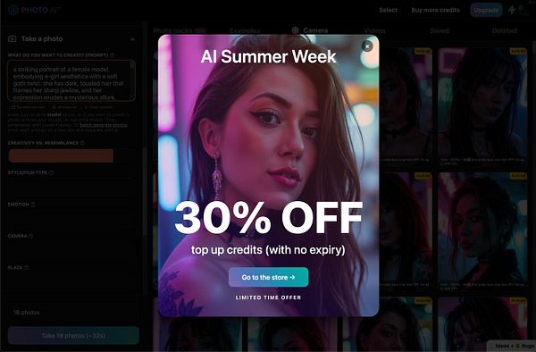 A promotional popup for a photo editing service featuring a female model with a striking portrait.