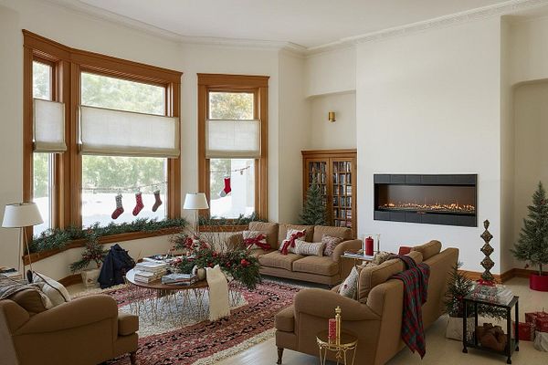 A cozy, elegantly decorated living room with holiday accents and modern furnishings.