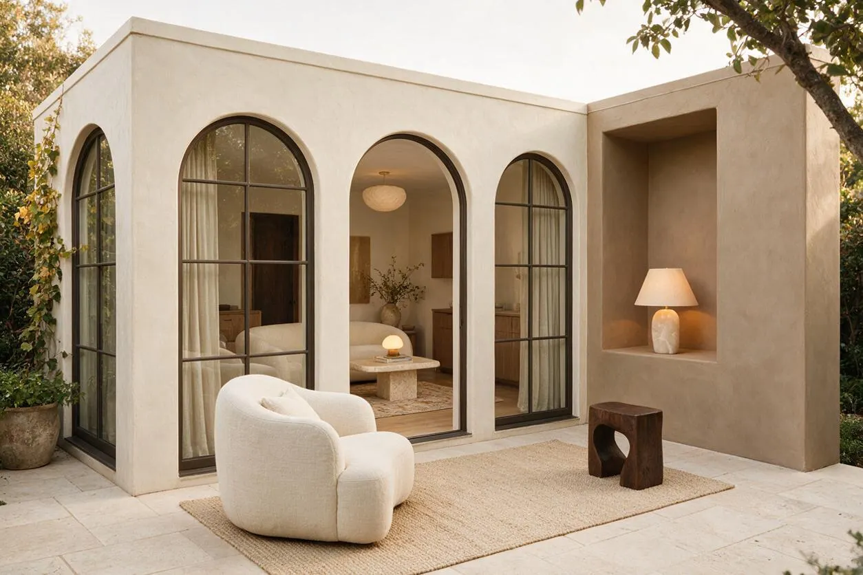 A serene backyard courtyard in Organic Modern style features smooth stucco walls, tall arched black-framed glass doors, and a recessed outdoor niche with a lamp. A sculptural white boucle chair sits on a woven rug beside a small dark wood stool, with soft neutral tones and surrounding greenery creating a calm, sunlit atmosphere.