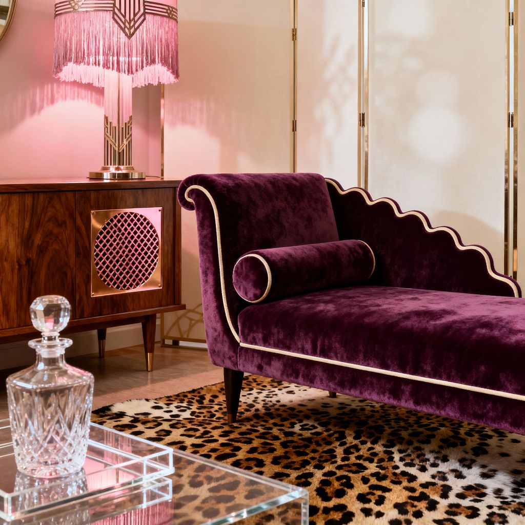 A vintage glam media room shows a plum velvet chaise with scalloped back, cream piping, and a bolster on a leopard-print rug. To the left, a walnut media console with a circular brass grille supports a pink Art Deco lamp with fringe, casting a warm glow. In front sits a clear glass coffee table topped with a cut-crystal decanter, while a brass-framed cream room divider and blush walls complete the softly lit setting.