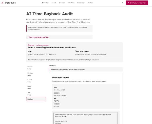 Webpage screenshot of Upgroves' AI Time Buyback Audit tool interface showing instructions, example, progress steps, and user input fields.