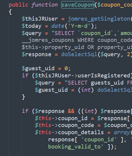 Screenshot of a Joomla Jomres plugin configuration interface showing settings related to 'min_days' and coupon application to specific hotel rooms.