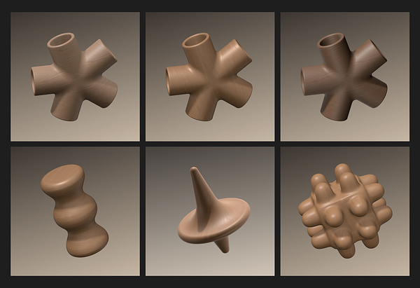The image features six 3D models of various abstract shapes rendered in a wood-like material.