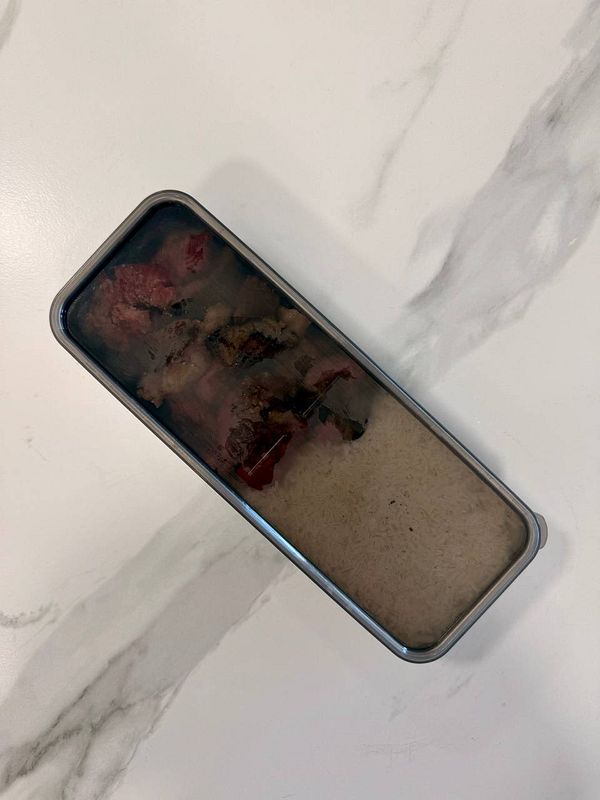 A homemade meal consisting of cooked steak, rice, broccoli, and fruit packed in a food container with a spoon.