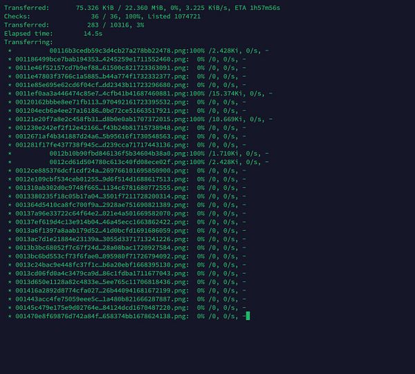 A terminal interface displaying the progress of transferring job images using rclone.