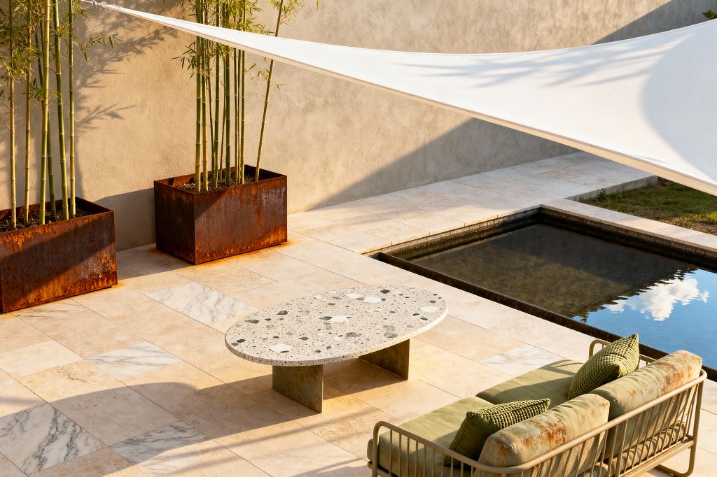 A modern patio with light travertine pavers accented by veined marble tiles, an oval terrazzo coffee table on a patinated metal base, and a sage green outdoor sofa with textured pillows. Rusted corten planters hold bamboo along a stucco wall, a white shade sail casts angular shadows, and a shallow rectangular reflecting pool with dark stone coping mirrors the sky.
