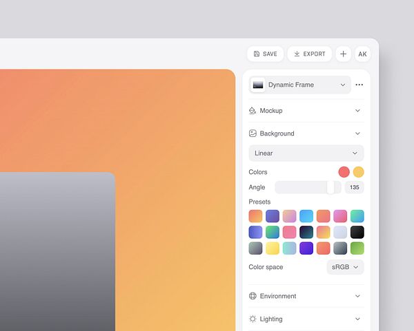 The image displays a user interface for a design tool focused on gradient settings.