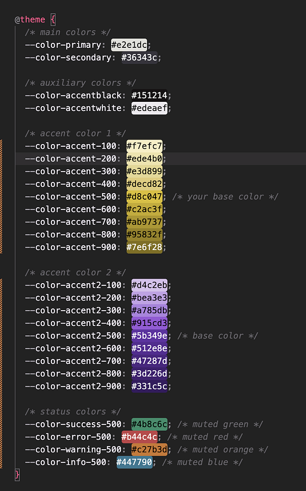 The image displays a CSS stylesheet defining a color theme for a website.