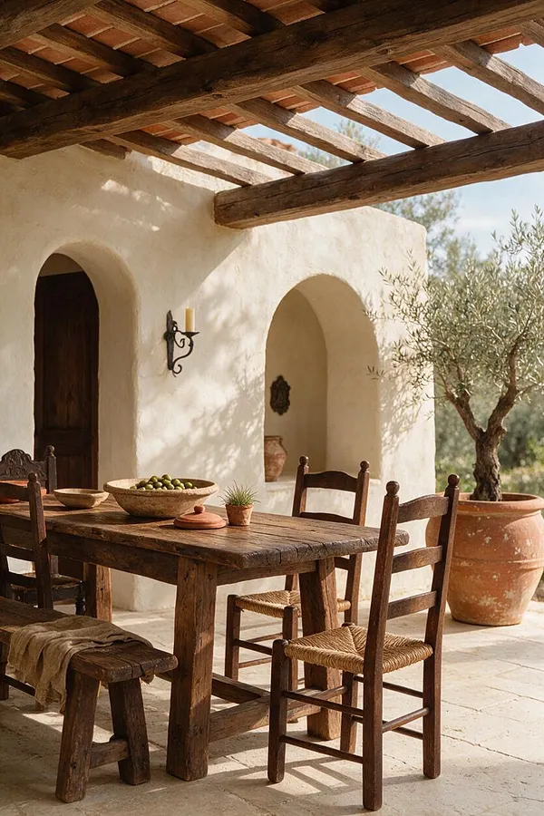 A sunlit Mediterranean-style outdoor dining area with white stucco walls, rounded arch openings, and a heavy timber pergola overhead. A rustic wooden table and chairs sit on a pale stone floor beside a terracotta pot holding an olive tree, creating a warm, earthy atmosphere.