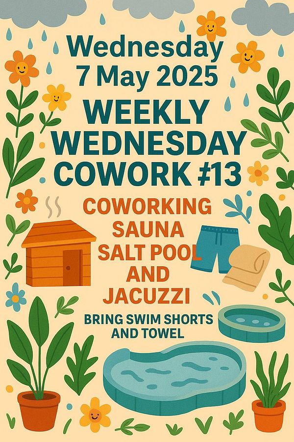 A colorful poster announcing the 13th Weekly Wednesday Coworking event.