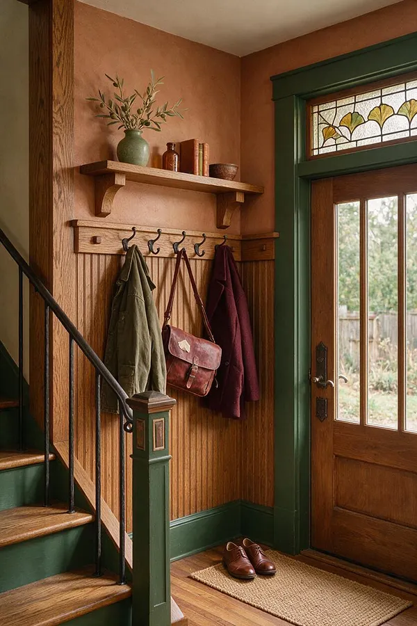 A Craftsman-style mudroom with vertical wood wainscoting, a built-in coat rack with black hooks, and a floating wood shelf holding pottery and books. Dark green trim frames a wood front door with stained glass detail, while a staircase with black iron railing and wood treads sits to the left. A jute rug and leather shoes rest on the hardwood floor.