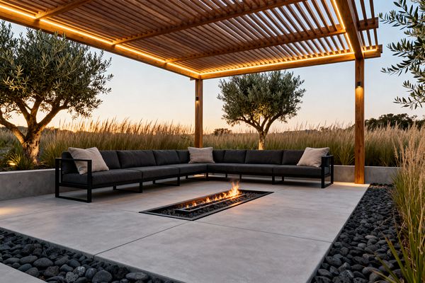 A modern patio at dusk features a slatted wood pergola with integrated warm LED lighting, shading an L-shaped outdoor sofa with a black metal frame and charcoal cushions. A rectangular recessed linear fire pit set in dark stones sits within large light-gray concrete pavers, bordered by bands of black river rock, while low concrete planters hold olive trees and tall ornamental grasses around the seating area.