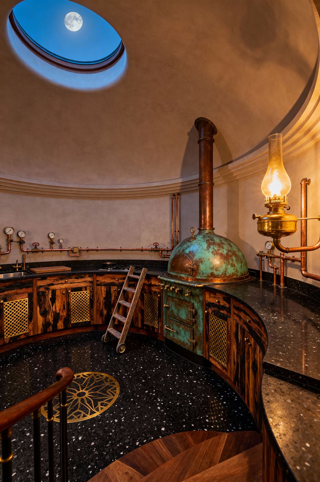 A circular steampunk kitchen set inside a domed room with an oculus skylight showing the moon. Curved black stone counters frame distressed wood cabinets with brass mesh panels, while a patinated copper, dome-topped oven with brass handles connects to exposed copper pipes, valves, and pressure gauges; a glass-chimney oil lamp casts warm light over creamy plaster walls, and a rolling wooden ladder rests on black terrazzo flooring with a brass medallion.