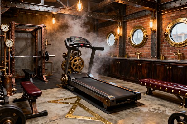 A steampunk-style home gym centers on a treadmill over polished concrete with brass inlays, framed by oversized brass gears venting steam; to the left a copper-piped squat rack with pressure gauges sits on rubber mats. Along the right red-brick wall, three brass-rimmed porthole windows sit above dark wood cabinets and a concrete countertop with brass taps, while riveted steel beams, exposed ductwork, Edison bulbs, and burgundy tufted benches warm the industrial space.