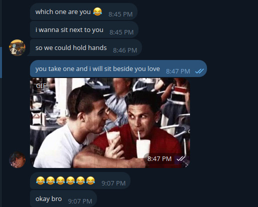 A humorous conversation about seating arrangements for a movie outing, featuring a GIF of two friends sharing a drink.