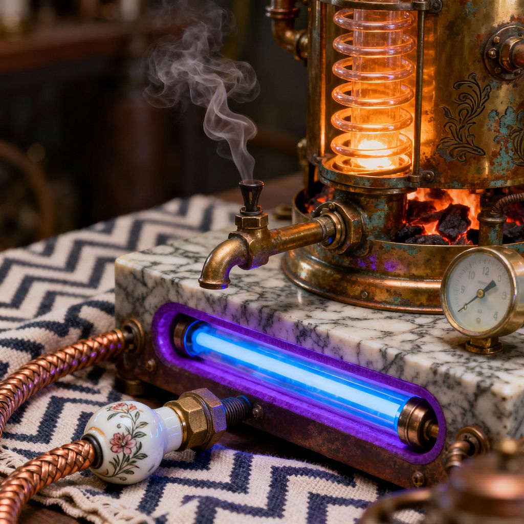 A steampunk-style apparatus rests on a chevron-patterned cloth: a burnished brass boiler with a spiral glass coil glows orange above ember-like coals, venting steam from a small brass spout. The unit sits on a white marble base with a bright blue UV tube and violet light, accompanied by a round pressure gauge, braided copper hoses, and a floral porcelain knob.