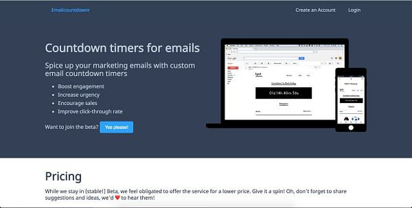 The image shows a landing page promoting email countdown timers for marketing purposes.