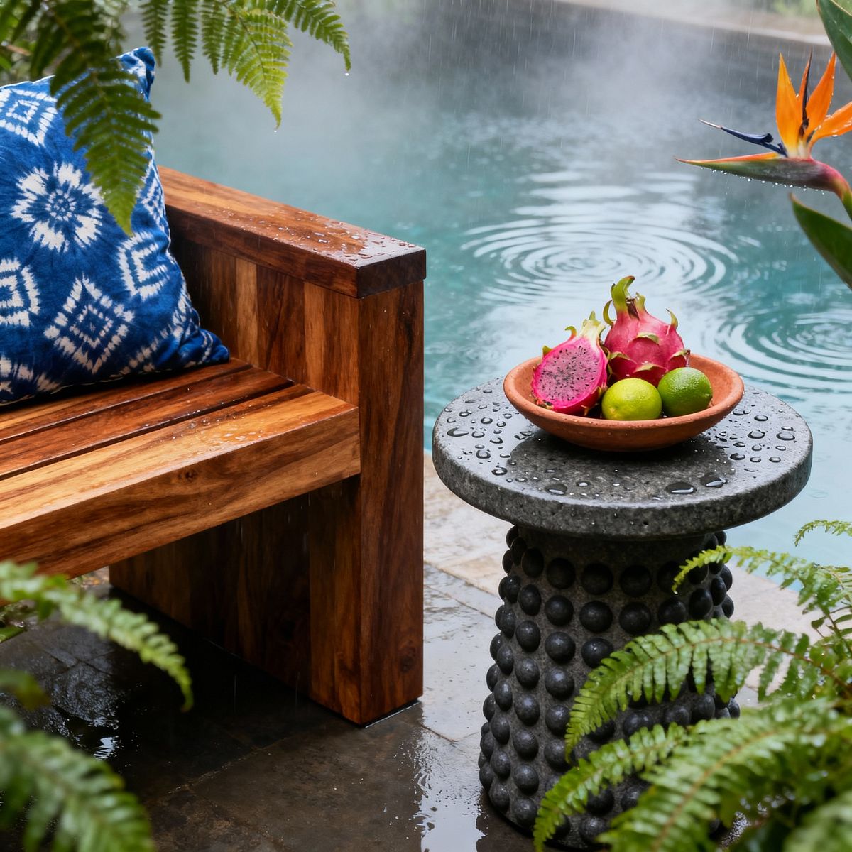 Room AI – Teak Poolside Nook with Textured Concrete Table - Interior