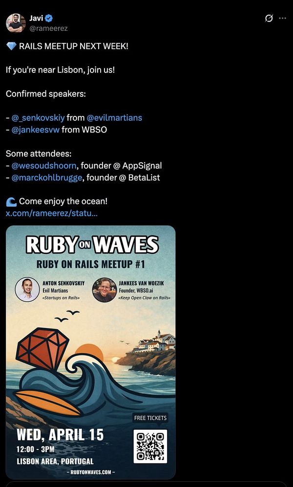 Flyer for the Ruby on Waves meetup event featuring speakers Galina Kachanova, Leslie Fuhr, and Aleksandar Stelmakh with event details and sponsors.