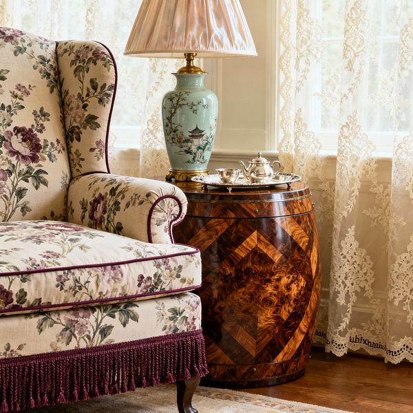 A traditional living room vignette shows a cream floral wingback chair trimmed with burgundy piping and bullion fringe beside a glossy burl-wood drum side table with chevron marquetry. On the table, a celadon porcelain lamp with a pleated silk shade stands next to a small silver tea set on a tray, while ivory lace curtains filter daylight from tall windows onto warm hardwood floors and a soft rug.