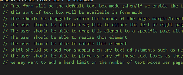 The image displays a code snippet related to a text box feature in a project.