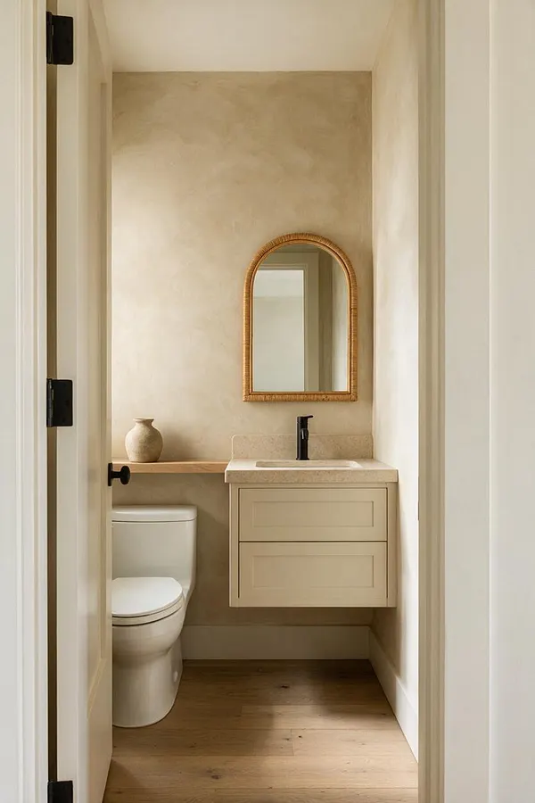 A narrow powder room with a soft beige plaster wall, arched wicker-framed mirror, and a floating cream vanity with a pale stone countertop. A white toilet sits beside a slim wood ledge with a small ceramic vase, while warm wood floors and matte black fixtures add contrast.