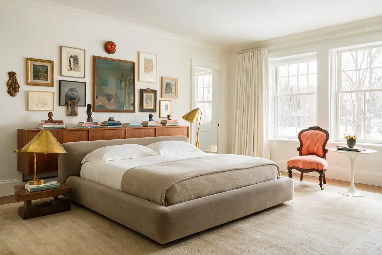 A bright eclectic master bedroom with a low upholstered bed, layered neutral bedding, and a wood credenza topped with books and sculptural objects. The wall above is filled with a curated mix of framed artwork, and the room is accented by brass lamps, an orange vintage chair, and large windows with cream curtains.