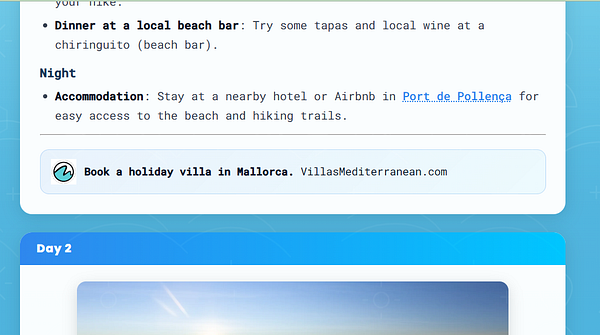 A digital itinerary banner for Villas Mediterranean featuring a scenic coastal image and travel details.