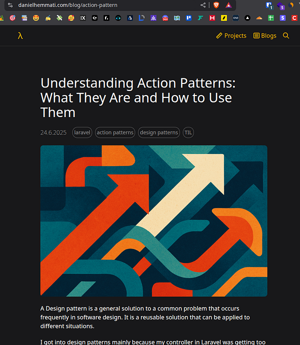 The image features a blog post titled 'Understanding Action Patterns' with a colorful abstract background of arrows.