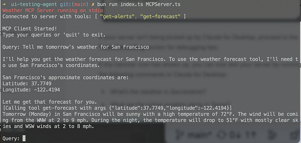 A terminal interface displaying a weather forecast query for San Francisco.
