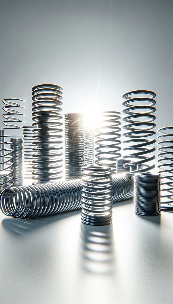 a close-up view of different types of springs used in furniture construction, illustrating coil springs and sinuous springs side by side, against a white background