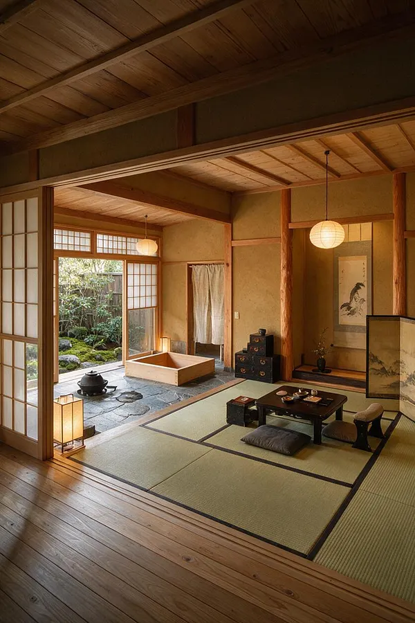A tranquil Japanese-style master bathroom and sitting area with warm wood ceilings and posts, shoji screens, tatami mats, and a sunken wooden soaking tub on a stone floor. Soft paper lanterns, a garden view, and minimal furnishings create a serene zen atmosphere.