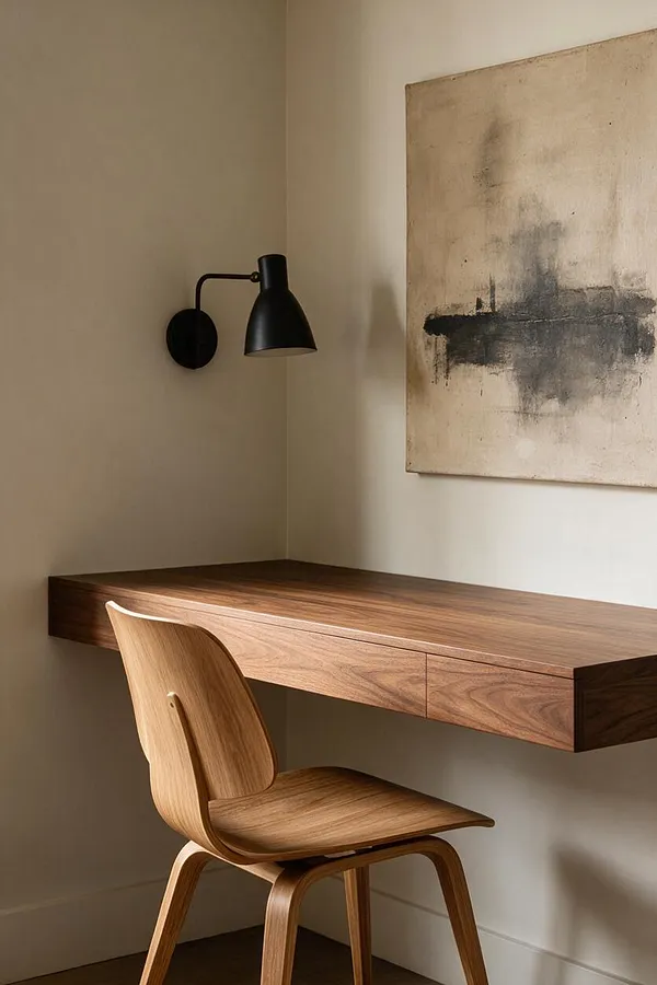 A modern corner workspace features a floating walnut desk mounted on soft beige walls, paired with a light wood chair with a curved back and seat. A black wall-mounted task lamp and an abstract neutral painting add contrast and a calm, minimalist feel.