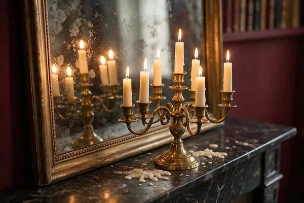 A brass candelabra with multiple lit white taper candles sits on a dark marble mantel. Behind it, a distressed gold-framed mirror reflects the candlelight, and scattered wax drips add to the moody, vintage atmosphere.