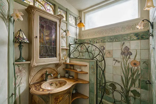 A compact bathroom in Art Nouveau style features hand-painted floral tile walls, a carved wood vanity with an oval basin, and a tall mirrored cabinet with stained glass. Green wrought-iron partitions, curving wall sconces, and soft amber lighting create an ornate, botanical atmosphere.