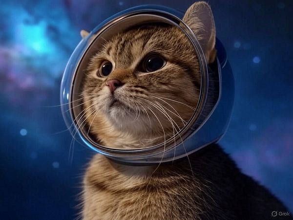 A cat wearing a space helmet gazes into the cosmos.