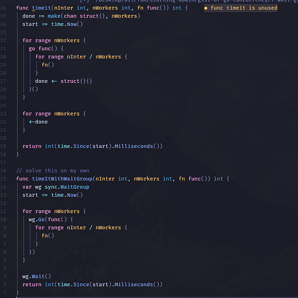 Screenshot of Go code demonstrating the use of WaitGroup to synchronize goroutines instead of channels.