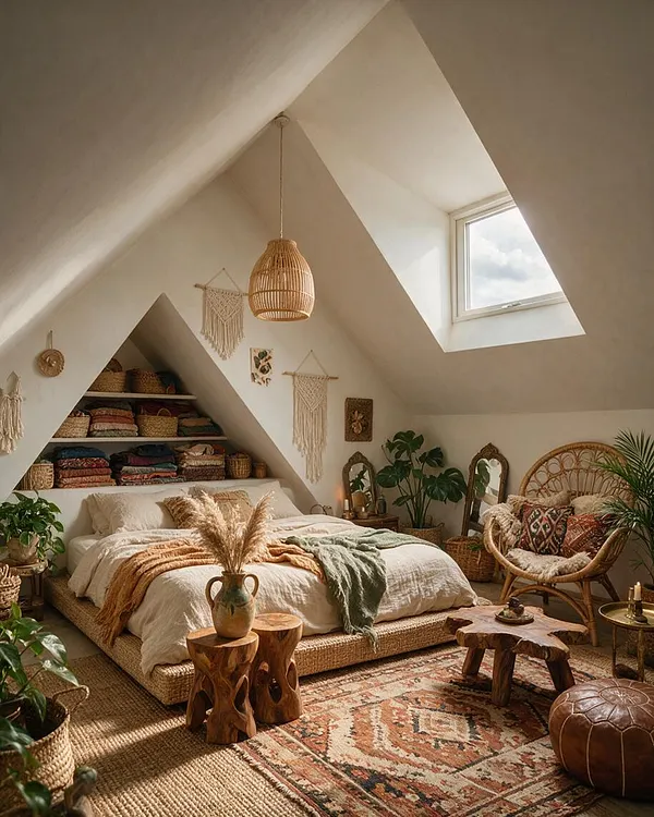 A cozy bohemian master bedroom in an attic with sloped white ceilings, a skylight, and a bed layered in cream, tan, and green textiles. Woven pendant lighting, macramé wall hangings, rattan furniture, carved wood tables, plants, and a patterned rug create a warm, eclectic atmosphere.